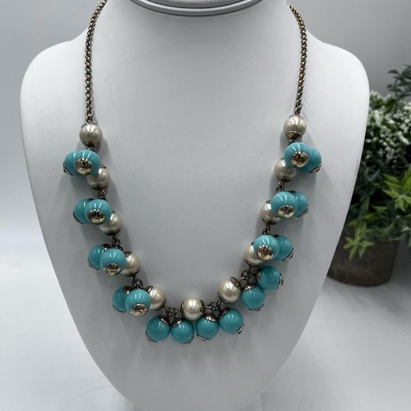 J. Crew Funfetti Aqua Faux Pearl Turquoise Beaded Bauble Cluster Bib Necklace - Picture 7 of 16